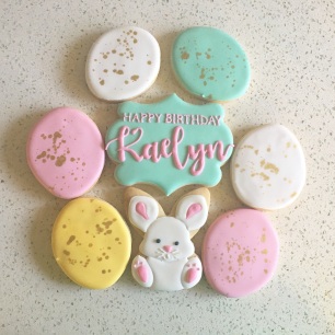 Easter egg cookies ($3), bunny cookie ($4), Large plaque cookie ($5).